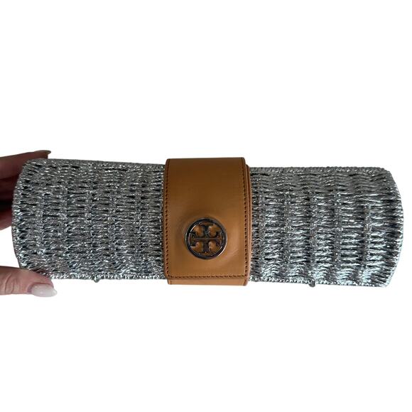 Tory Burch Silver Rattan Woven Clutch Purse Gold Leather TB Logo Boho Chic EUC